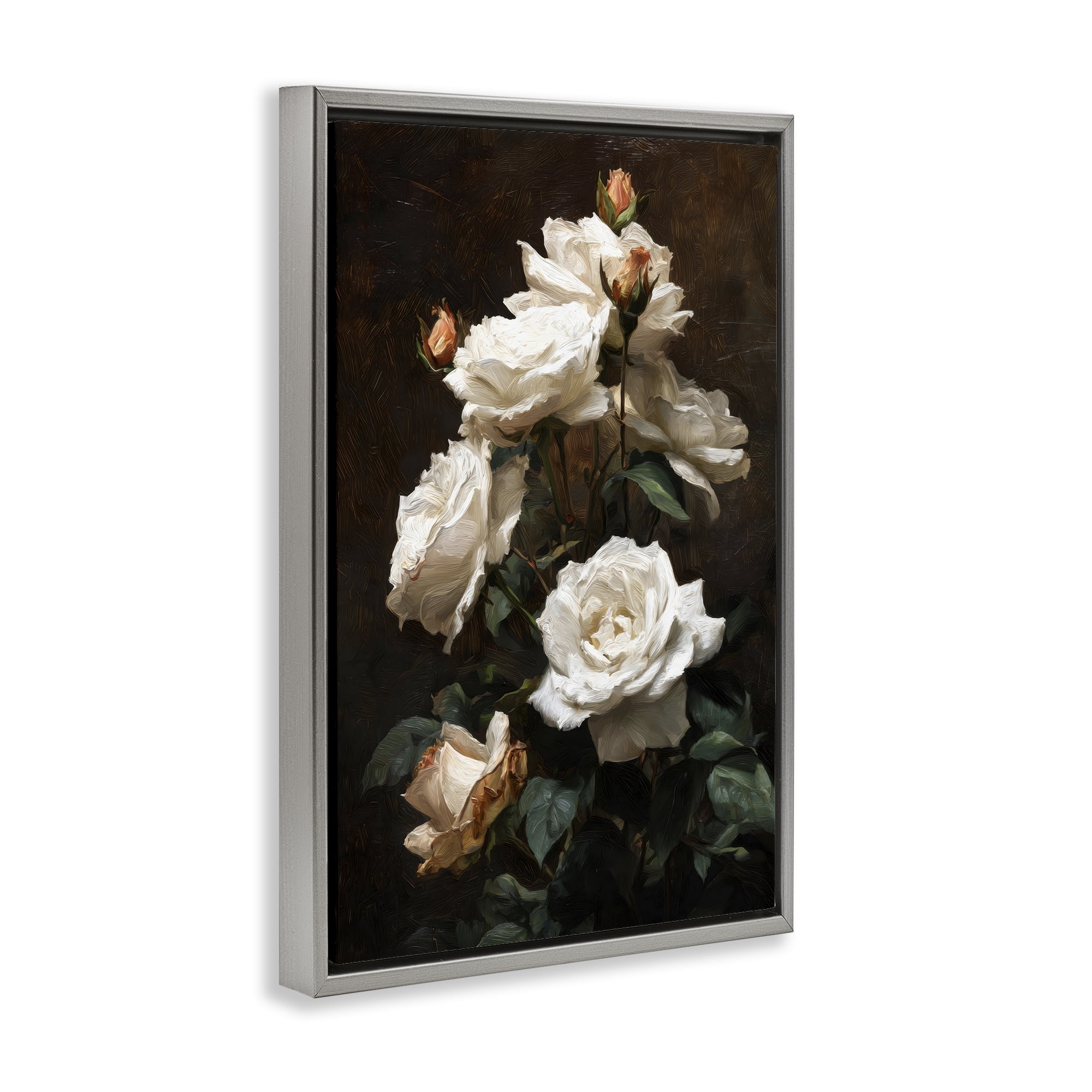 Stupell Industries Tower of White Roses Gray Framed Floater Canvas Wall Art, design by Petal Prints Design