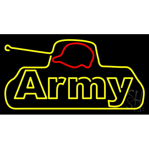 Yellow Army LED Neon Sign 20 x 37 - inches, Black Square Cut Acrylic Backing, with Dimmer - Bright and Premium built indoor LED Neon Sign for Defence Force.