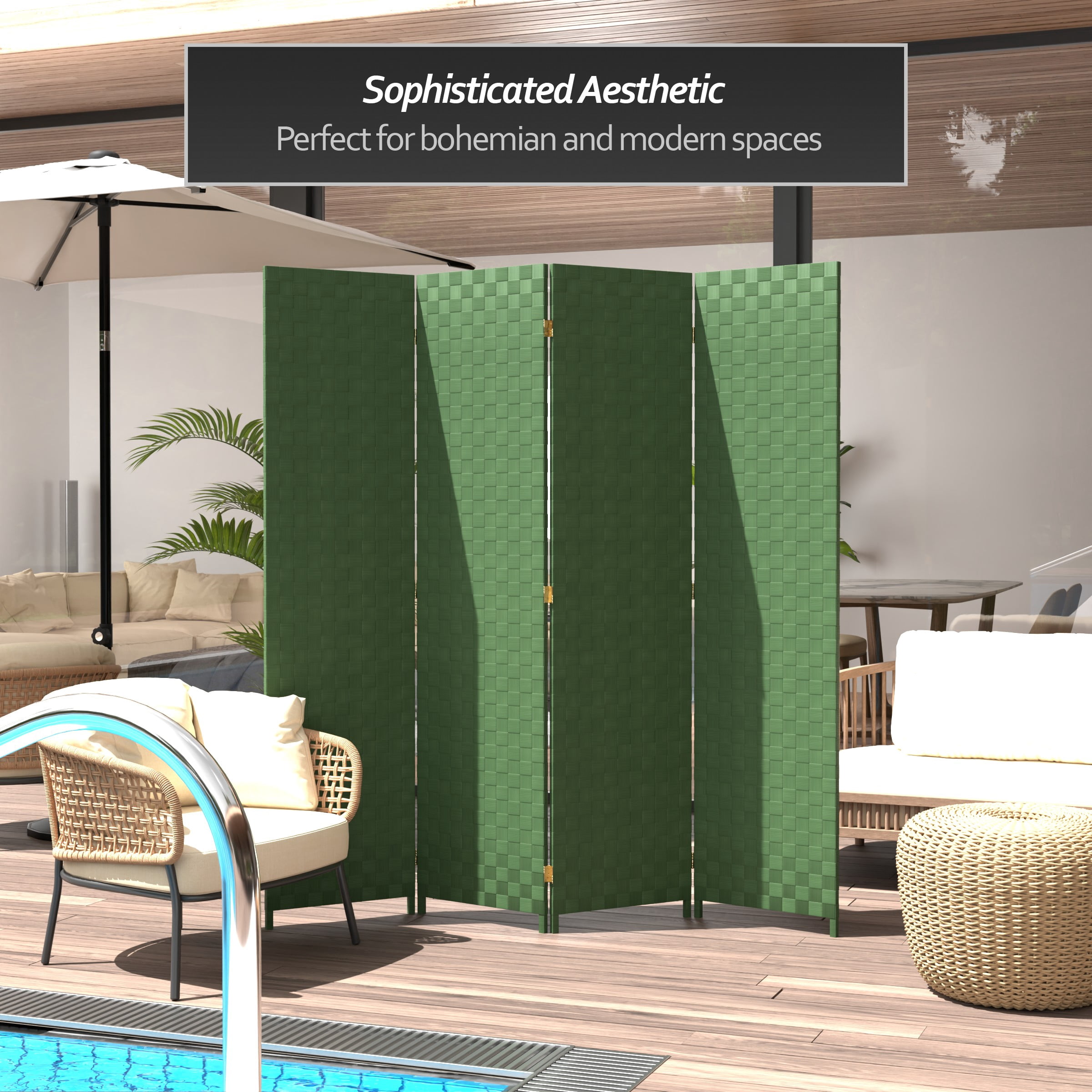 Red Lantern 6 ft. Tall Woven Fiber Outdoor All Weather Room Divider - 4 Panel - Green
