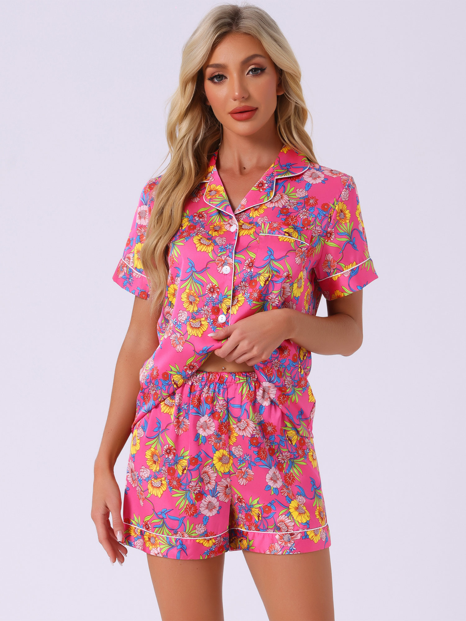 DARING DIVA Women's Hawaiian Shirt with Shorts Pajamas Set M Rose Red