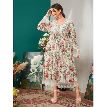 

Women s Plus Allover Floral Print Contrast Lace Scallop Sleep Dress 1XL(14) Multicolor Elegant F22001D