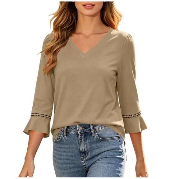 Bosfbaoi 3/4 Bell Sleeve Tops for Women Solid V Neck Hollow Trim Casual Blouses