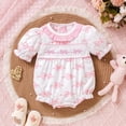 thumbnail image 2 of Staki Baby Girl Bow Print Bubble Romper Newborn Short Sleeve Ruffle Cotton Onesie Cute Summer Outfit Clothes 3M 6M 9M White,6-12 Months, 2 of 8