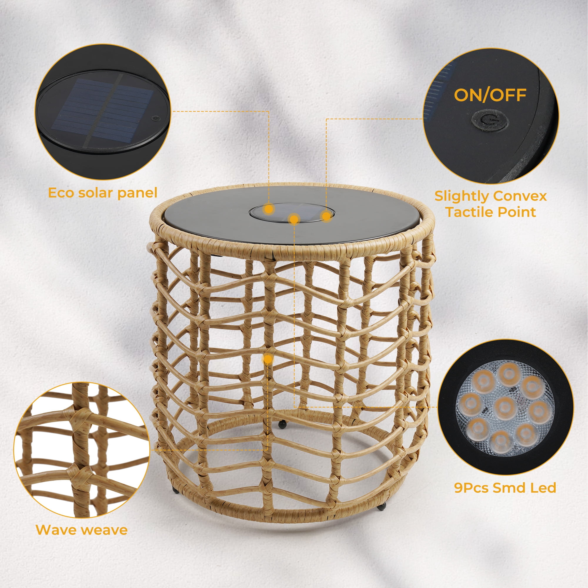 EVERITE Outdoor Wave Wicker End Tables Set of 2,Modern Boho Style with Built-in Solar Lights,Natural Brown