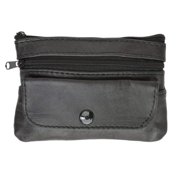 Women's Black Genuine Leather Coin Change Purse W/ Key Rind & Snap Pocket