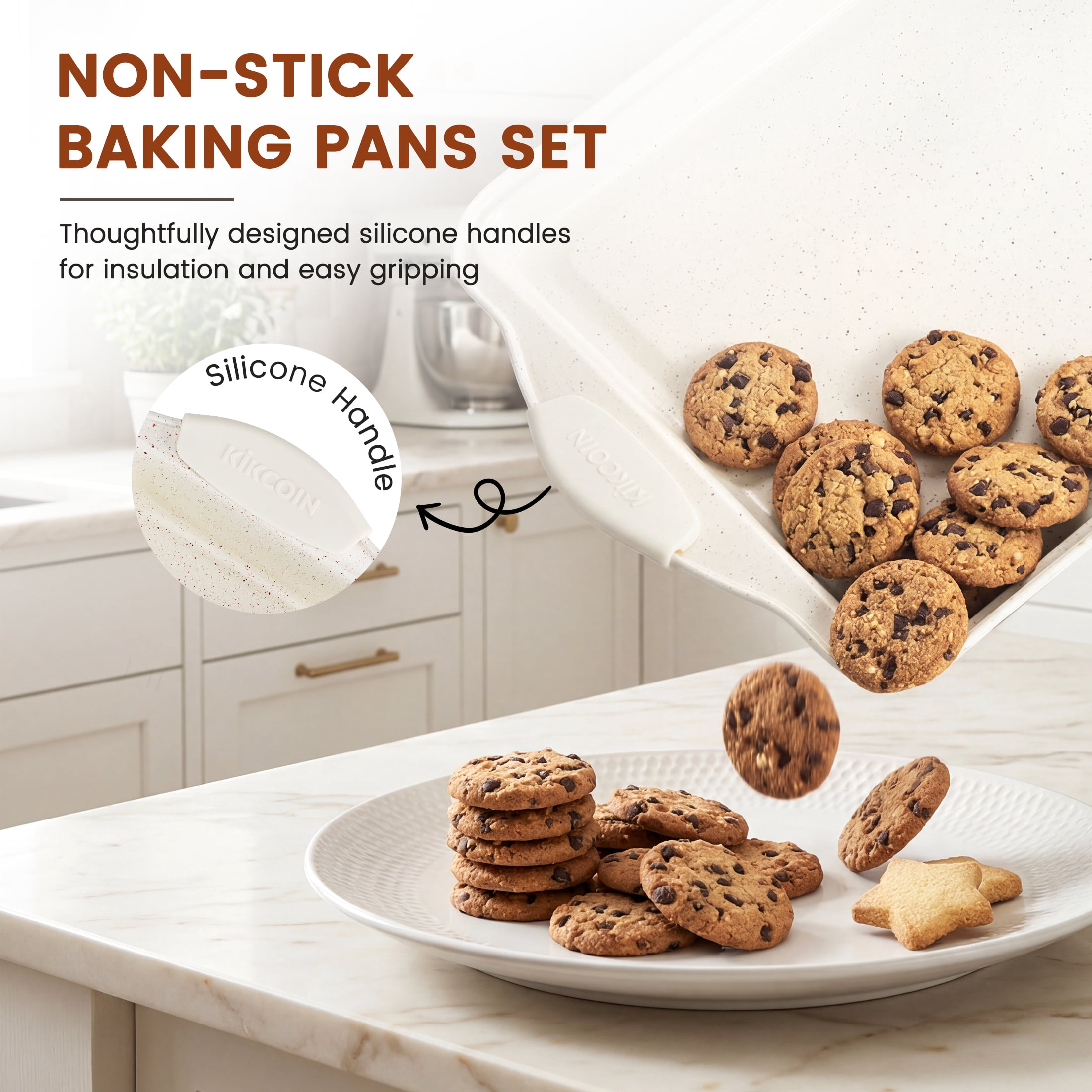 Kikcoin Bakeware Set, 21-Piece Baking Pans Set Kitchen Carbon Steel Baking Sheet Pans with Silicone Handles, Cookie Sheets Nonstick(Beige)