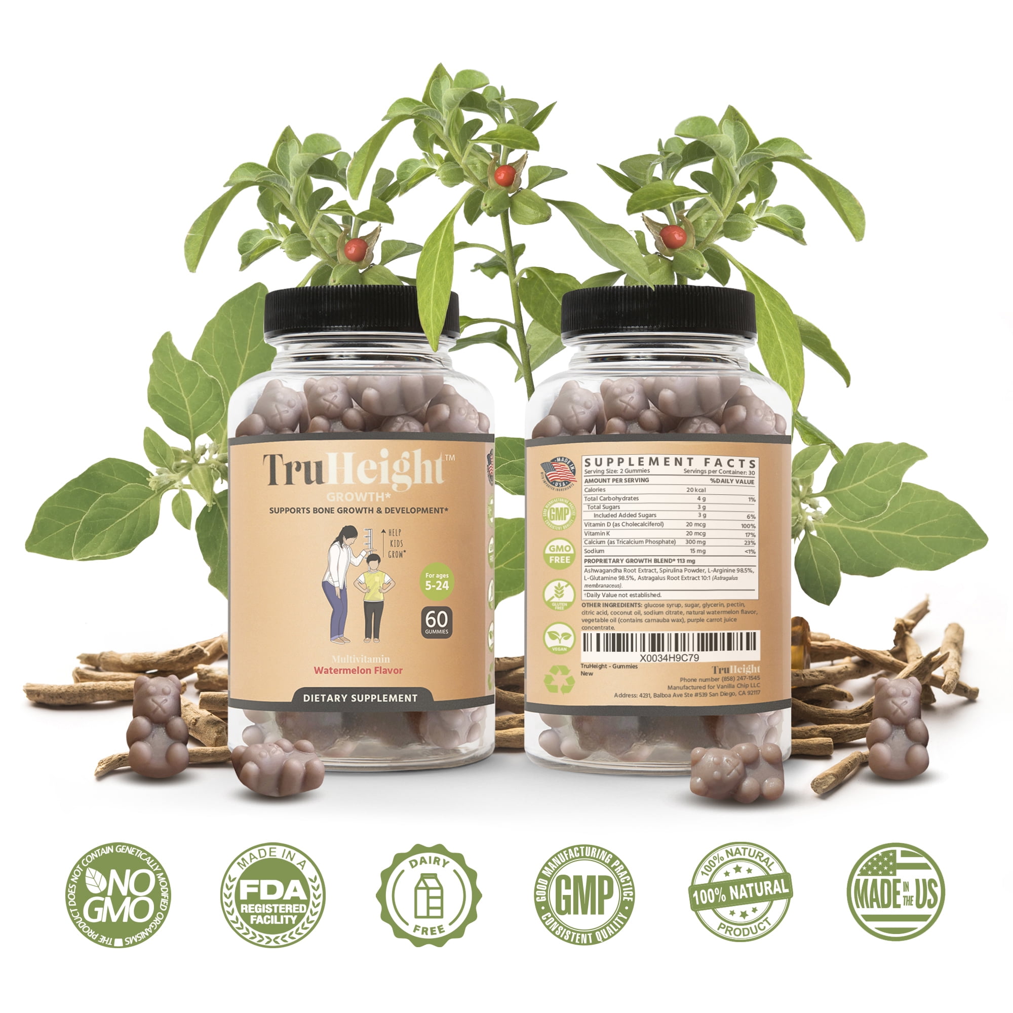 TruHeight Growth Gummies (Watermelon) Natural Growth & Development Supplement for Kids & Teens - Vitamin D, K, Calcium & Ashwaganda - Bone Strength Vitamins - Picky Eater Vitamin for Kids - Ages 5+