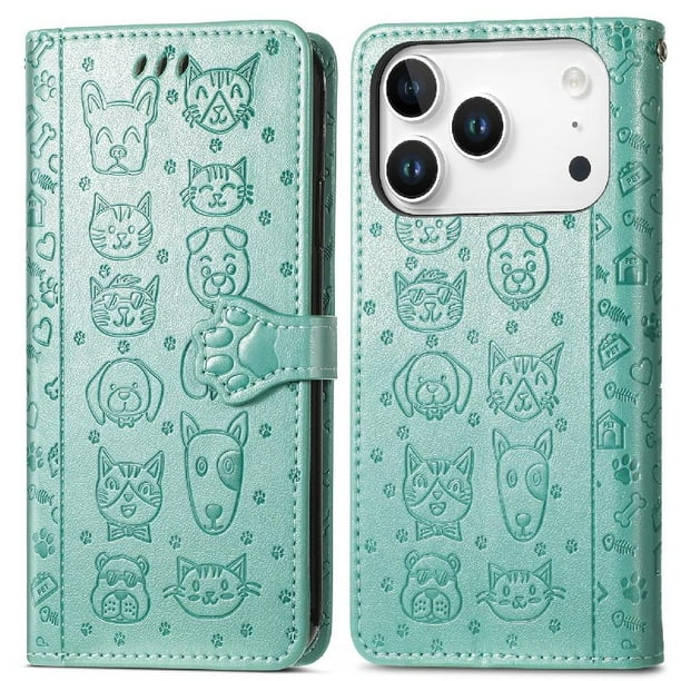 Funda Cartera FOXDOCK para iPhone 17 Pro , Flip PU con Relieve de Gatos y Perros, Tarjetero y Soporte