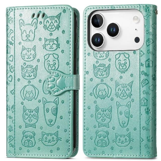 Funda Cartera FOXDOCK para iPhone 17 Pro , Flip PU con Relieve de Gatos y Perros, Tarjetero y Soporte