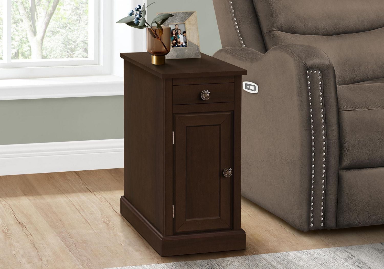 Monarch Specialties Accent Table, End, Side Table, Nightstand, Narrow, Bedroom, Lamp, Storage Drawer, Brown Veneer, Traditional