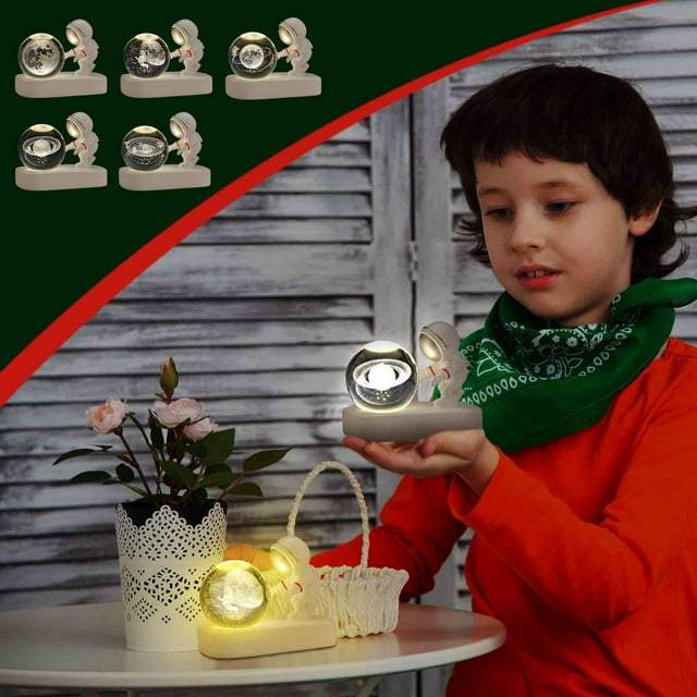Luz nocturna de bola de cristal luminosa de galaxia planetaria | Lámpara de noche alimentada por USB de empuje manual | Luz ambiental cálida para niños | Base de madera única | Regalo decorativo
