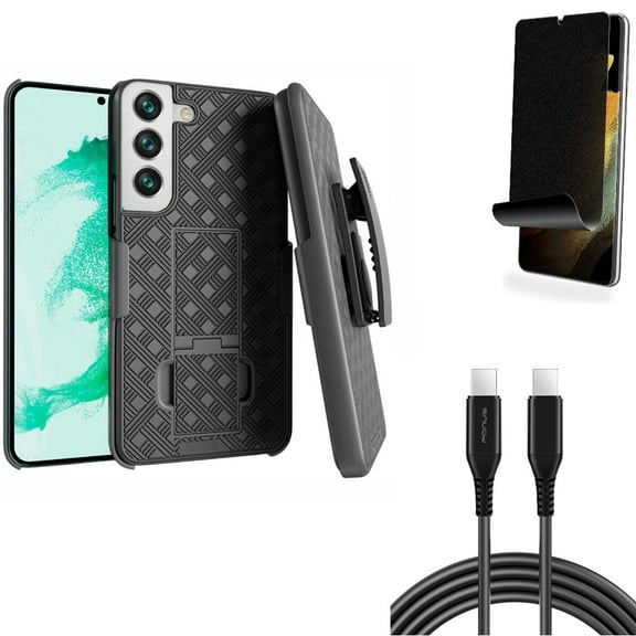 10ft Long USB-C Cable & Privacy Screen Protector & Case Belt Clip for Samsung Galaxy S22 Plus (S22 ) - Combo PD Fast Charger Cord Power Wire & TPU Film (Fingerprint Works) Anti-Peep & Holster Swivel