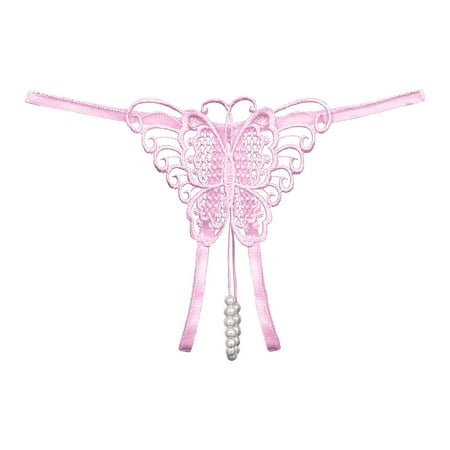 Ploknplq Thongs for Women Womens Underwear Sexy Crotchless Panties for Women Underwear Cutout Pendant Pearl Beads Butterfly G String Thong Underpants Panties for Women Womens Underwear Cotton Pink L