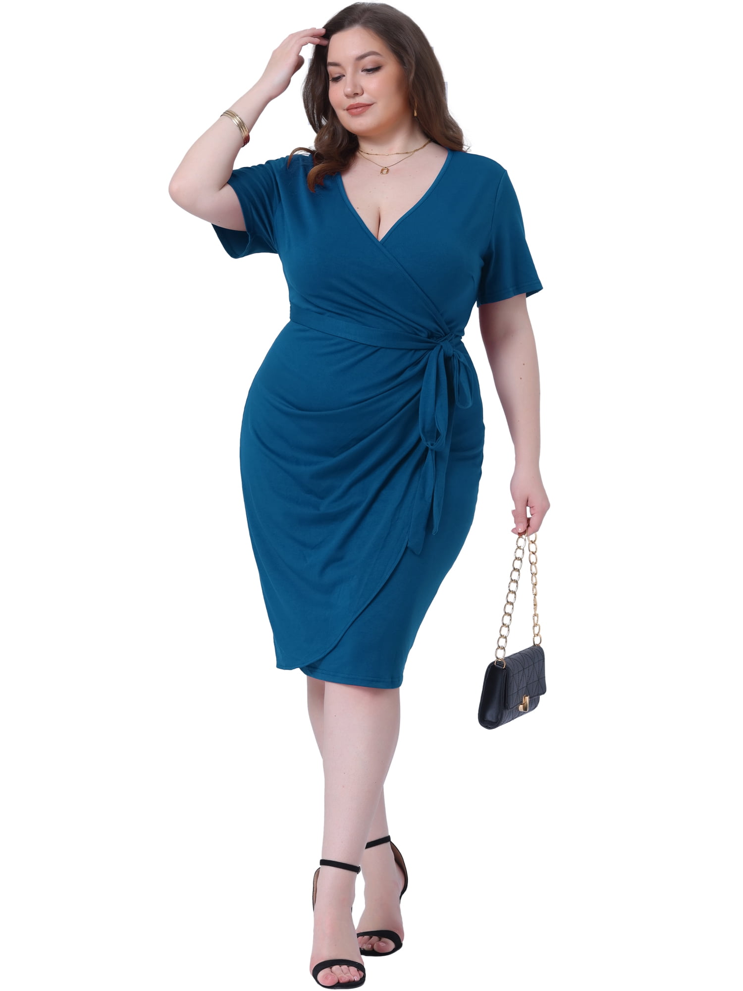 DARING DIVA Plus Size V Neck Ruched Wrap Belt Dress 1X Teal Blue