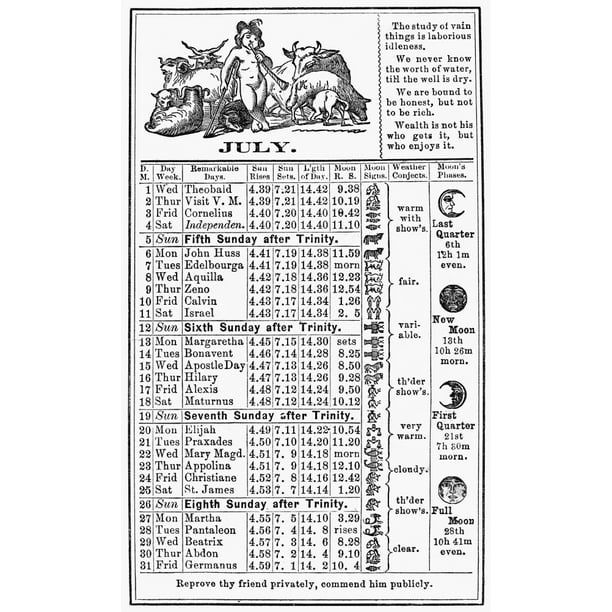 Family Almanac, 1874. /Nthe Calendar For July From Dr. J.H. Mclean'S