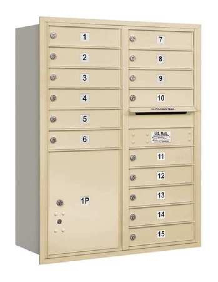 4C Horizontal Mailbox - 11 Door High Unit - Double Column - 15 MB1 Doors / 1 PL5 - Sandstone - Rear Loading - USPS Access