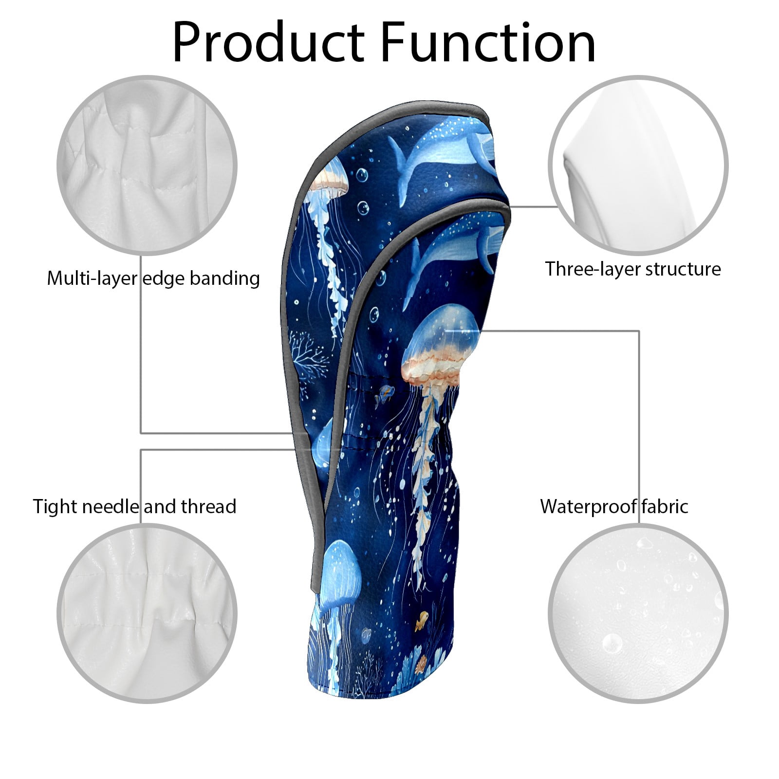 Golf Club Covers, Blue Jellyfish Sea Premium PU Leather Driver Hybrid Putter Head Covers with Velvet Lining, Waterproof Golf Gifts for Men Women