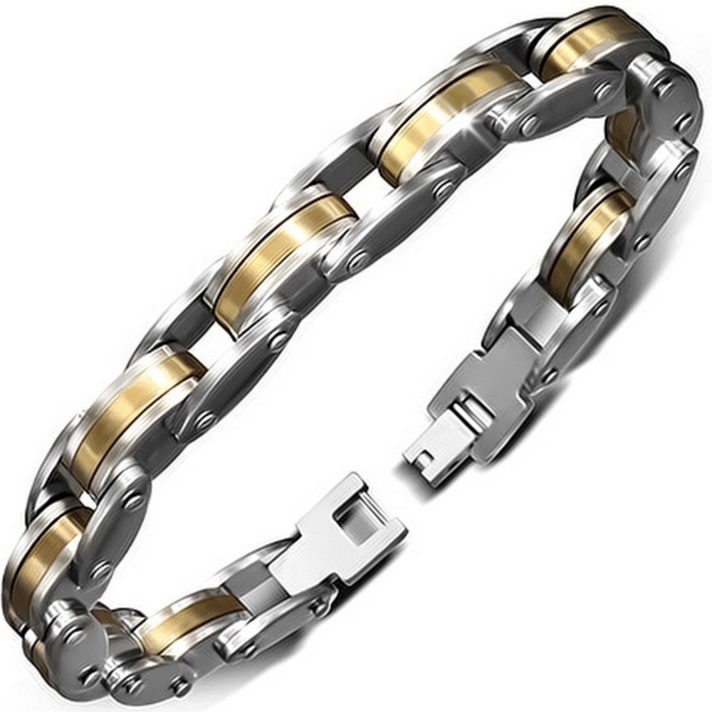 Stainless Steel SilverTone Yellow GoldTone Link Mens Bracelet