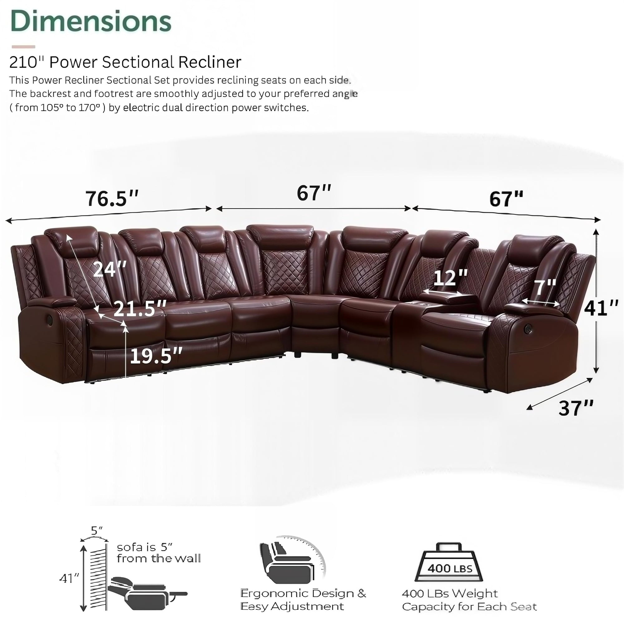 Aukfa 3-Piece Power Recliner Sofa Set 6 Seat Sectional Couch with LED Light, Cup Holders&Storage Console, Burgundy