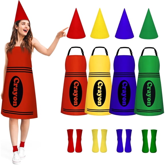 BLEUM CADE 4 Set Color Crayon Apron and Funny Gnome Cone Hats for Costume Set for Adults Fancy Dress Outfit Halloween Cosplay