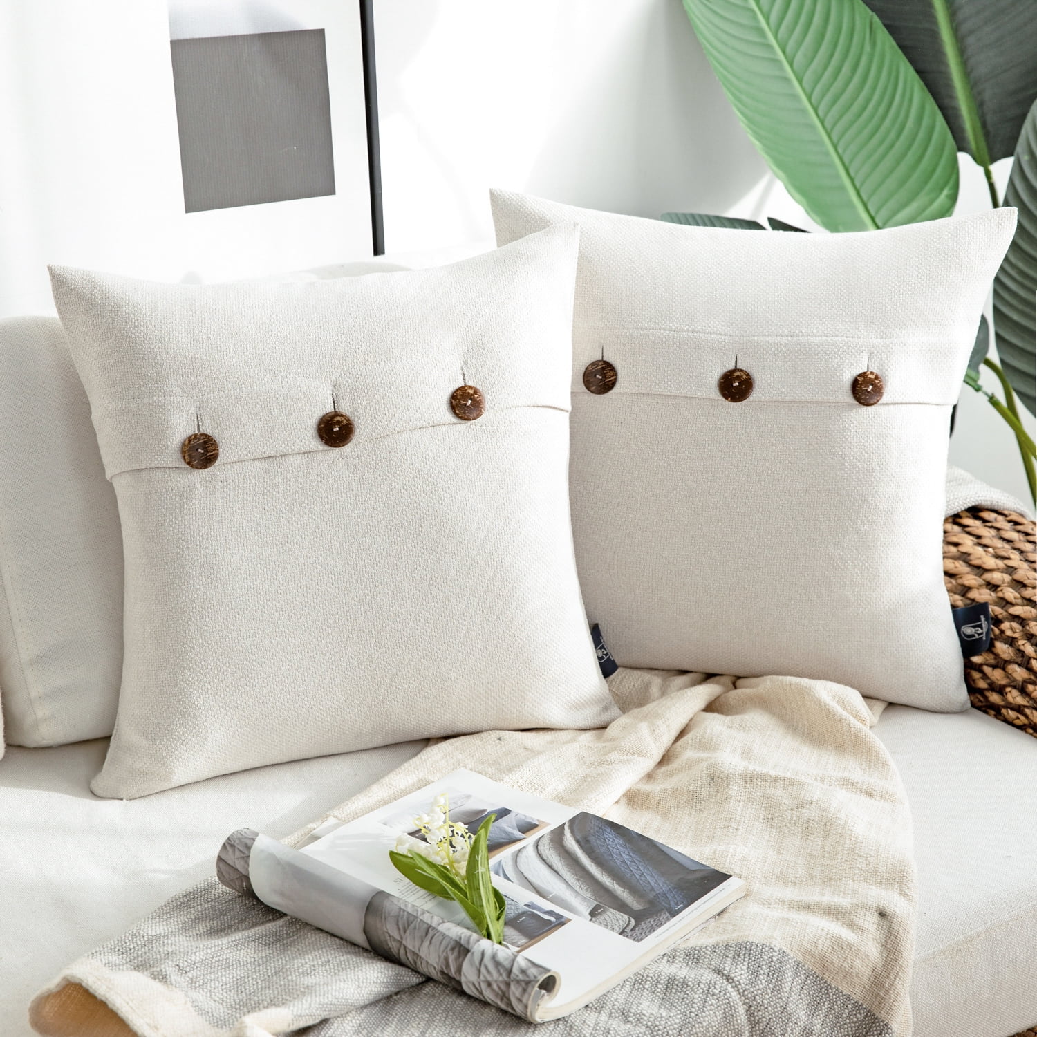 Phantoscope Farmhouse Triple Button Linen Decorative Throw Pillow, Ivory, 18" x 18", 2 Pack