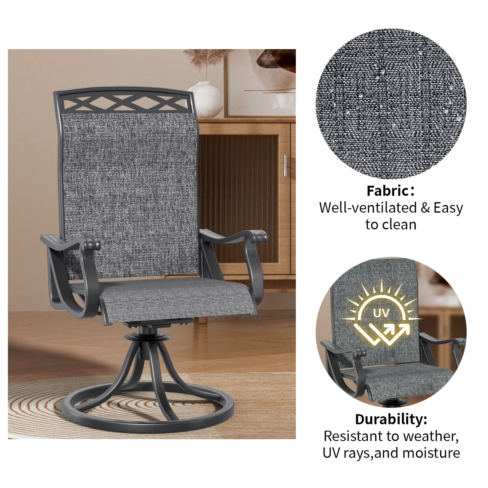 YLGJ Patio Swivel Chairs Set of 2, Outdoor Dining Chairs with Textilene High Back, All-Weather Rocker Chairs for Lawn and Porch, Gray