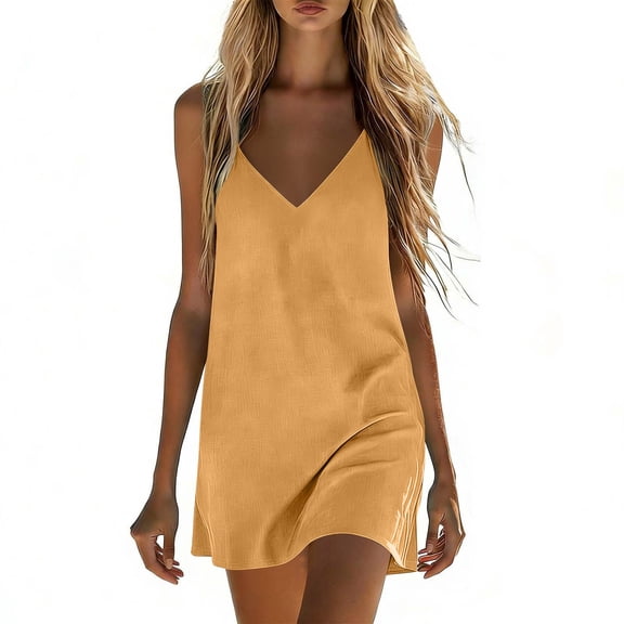 Womens Summer Dresses Cotton Linen V Neck Sleeveless Loose Casual Mini Coverup Dress Beach Flowy Vacation Boho Sundress