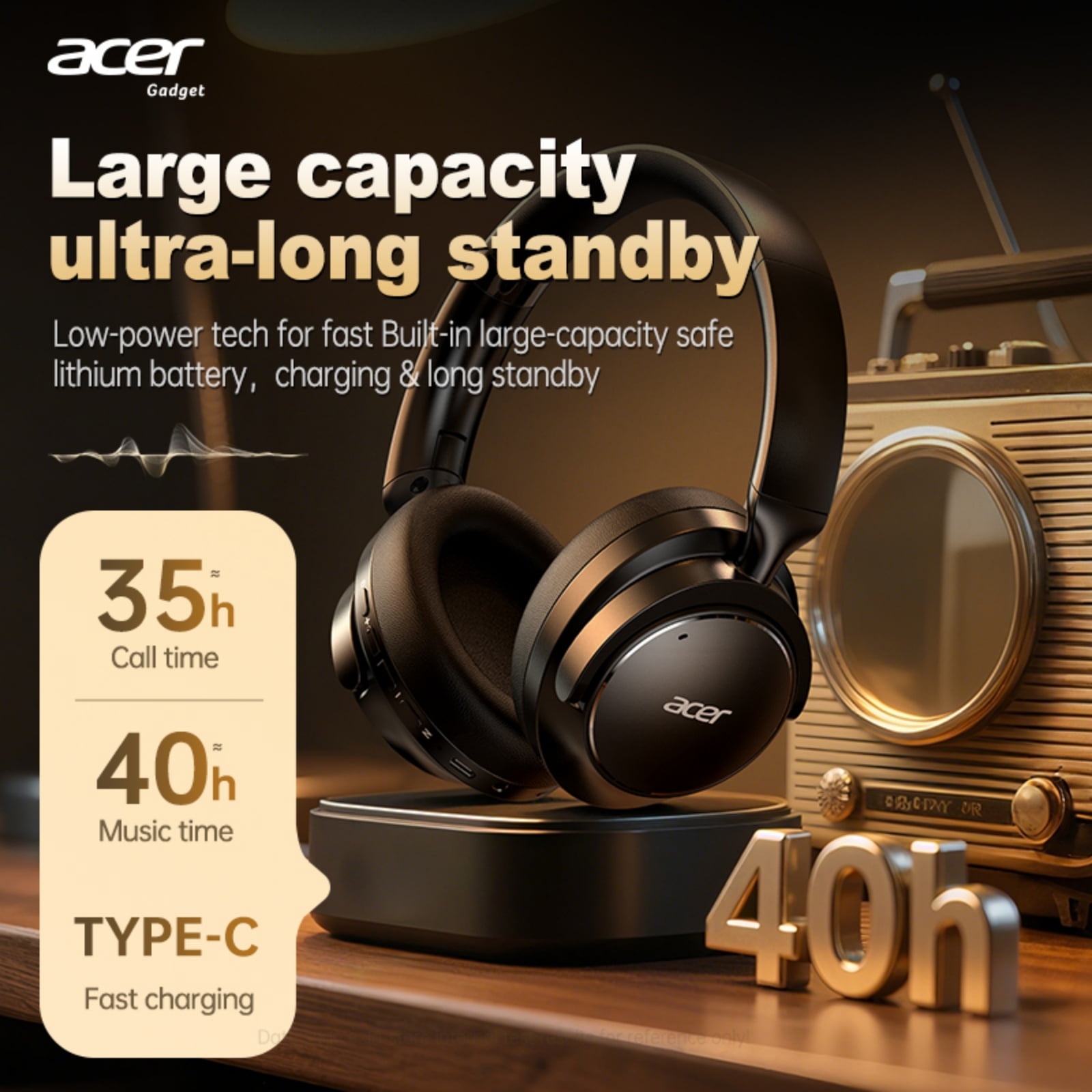 Acer Active Noise Cancelling Wireless Over-Ear Bluetooth Headphones with Microphone for Clear Call