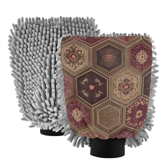 Microfiber Car Wash Gloves With Chenille & Polyester Terry Scratch-Free Cleaning Elastic Cuffs Floral Motifs