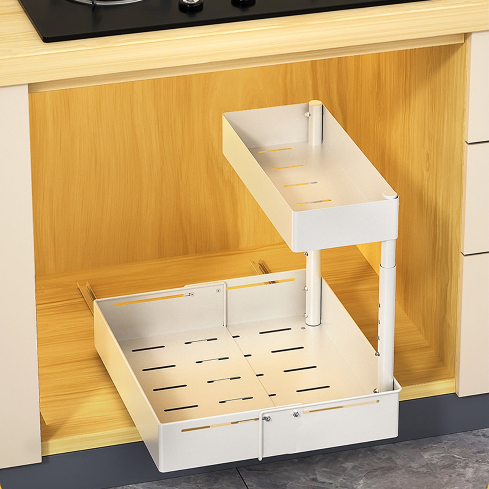 MerryNine Under Sink Organizer and Storage 2 Pack, 2 Tier Kitchen Organizers and Storage, Bathroom Organizer, Vanity Counter Storage Container, Sliding Kitchen Sink Organizer White