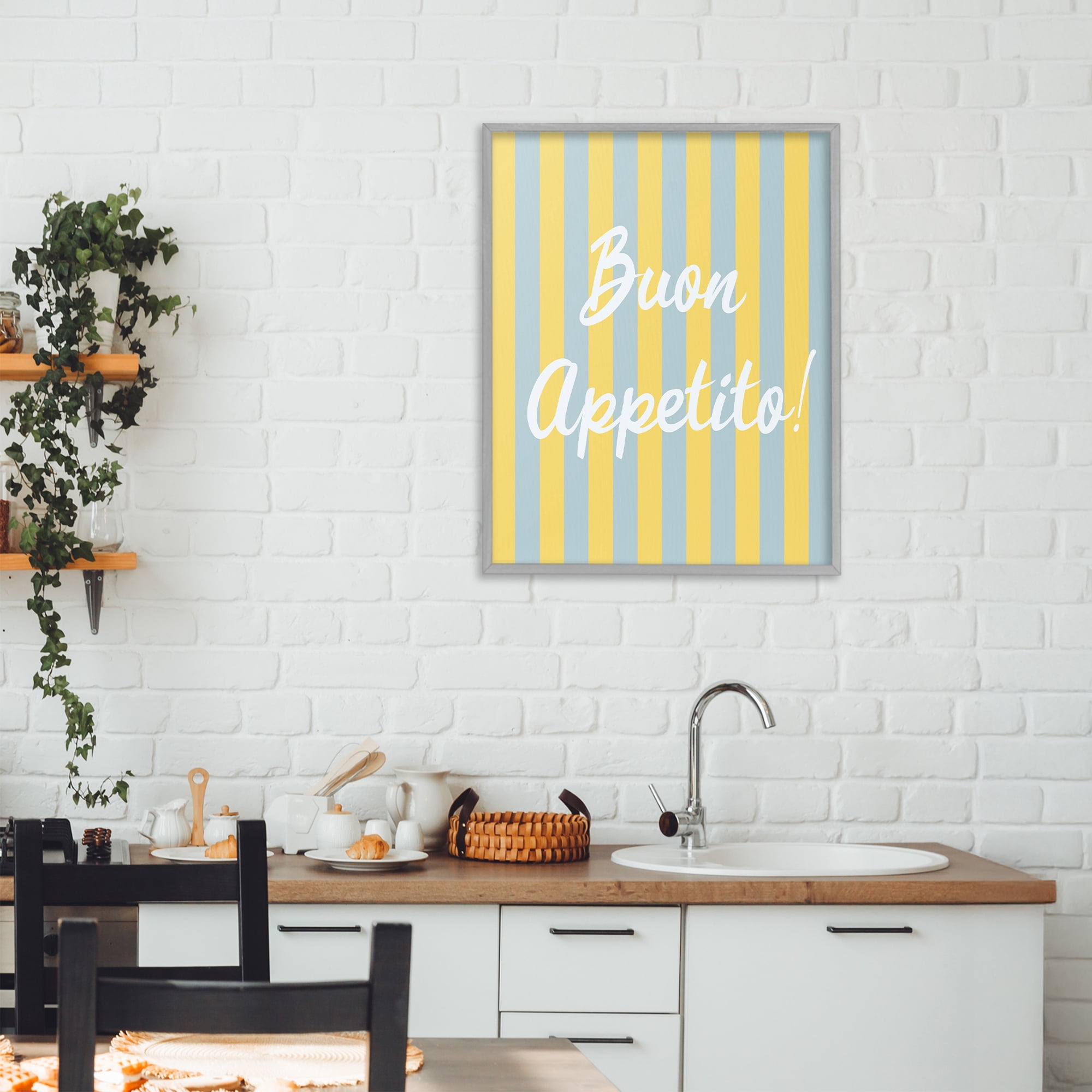 Stupell Industries Buon Appetito Blue Yellow Stripes Gray Framed Giclee Art, design by SD Graphics Studio