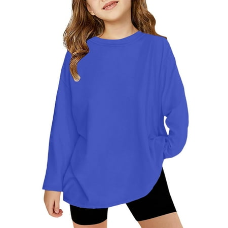 CCRFTGI Girls Long Sleeve Shirts Basic Long Sleeve Tees Soft Crewneck Shirts shirts for kids trendy Light Tunic Tops Fall Outfits Royal Blue 6-7Y
