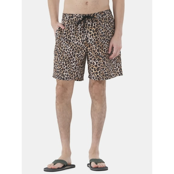 No Boundaries Men's & Big Men's Elastic Waist Cheetah Swim Trunks, 7" Inseam, Sizes S-3XL