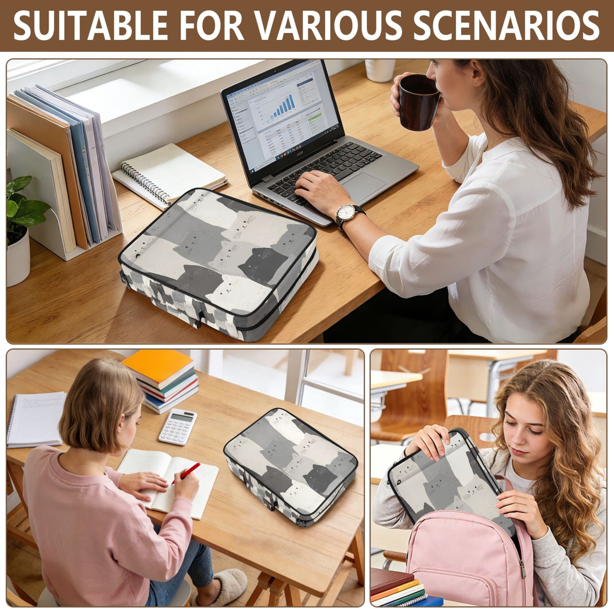 FORMRS Accordion File Folder A4 Size 7-Pocket Expanding Document Organizer Bag with 3 Ring Binder, Gray Cute Cats
