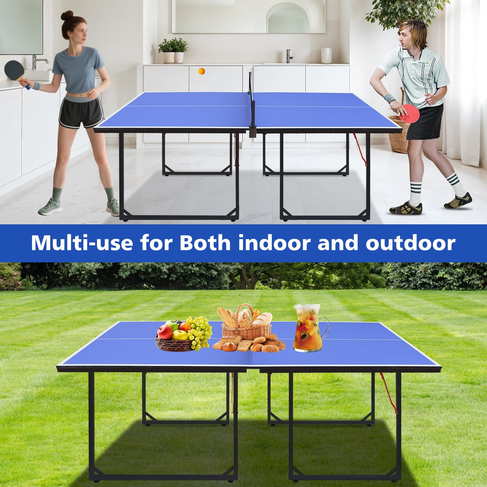 HooKung 6ft Ping Pong Table Foldable Table Tennis Table for Indoor Outdoor with Net, Table Tennis Paddles and Balls, Multi-Use Family Game Table for Kid Teenager Adult
