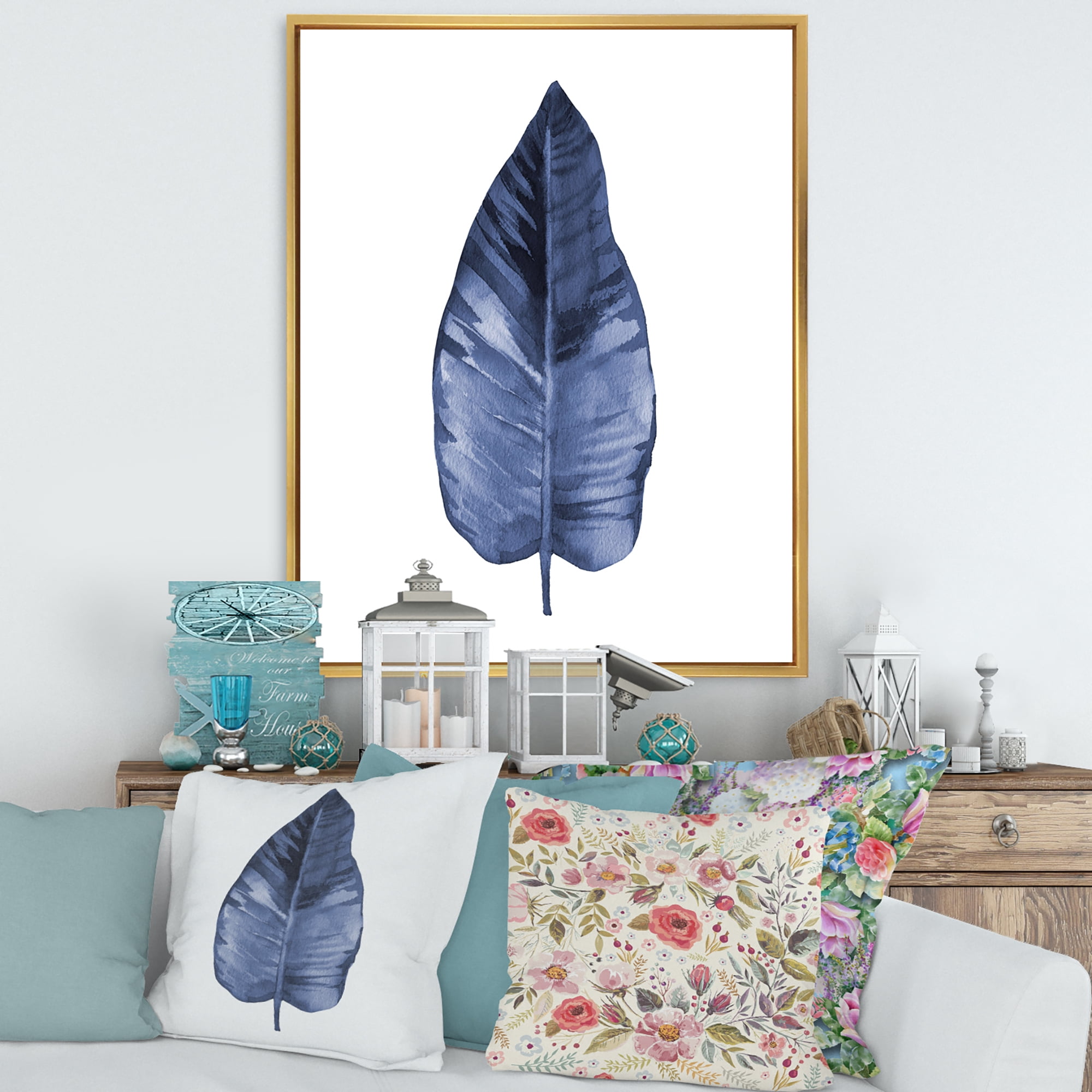 Designart 'Blue Leaf Watercolour On White Background' Traditional Framed Canvas Wall Art Print