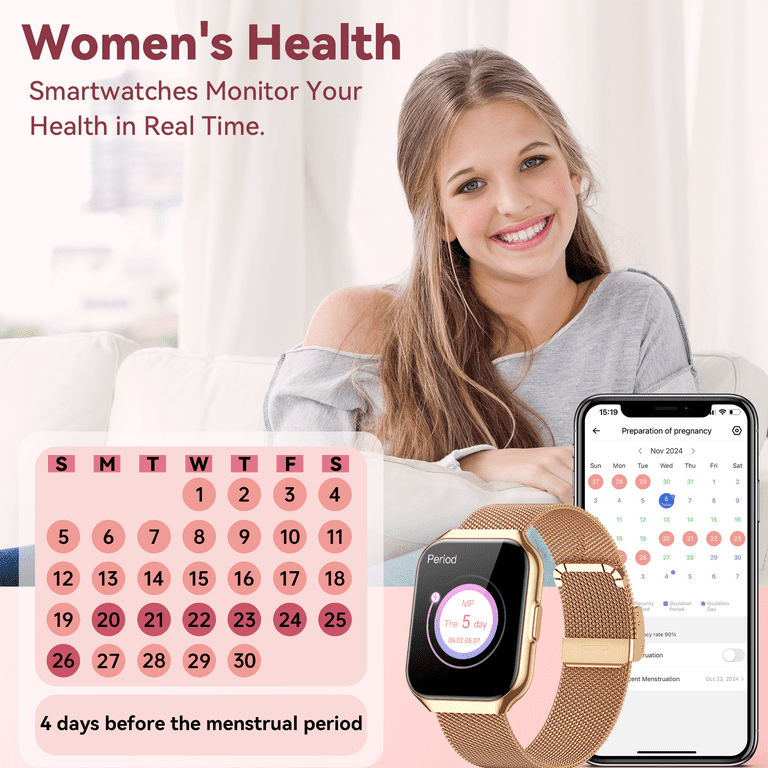 Tikland Smart Watch for Women 1.96” Gold Fitness Tracker with Bluetooth Calling, Tikland Smart Watch for Women 1.96 main image 2