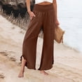thumbnail image 6 of Nestiefly Linen Pants Women Summer Wide Leg Smocked Waist Ruffle Hem Pants Boho Flowy Beach Vacation Pant with Pockets Brown M, 6 of 7