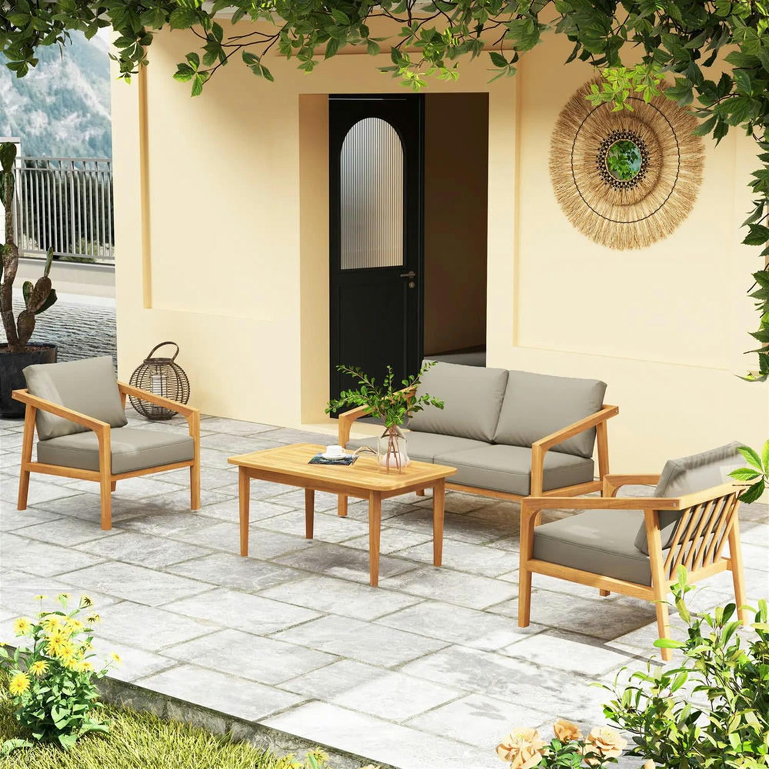 Demi Bonn 48" Acacia Wood Outdoor Sofa Set, Durable Teak Conversation Set with Thick Cushions for Garden & Patio, Brown