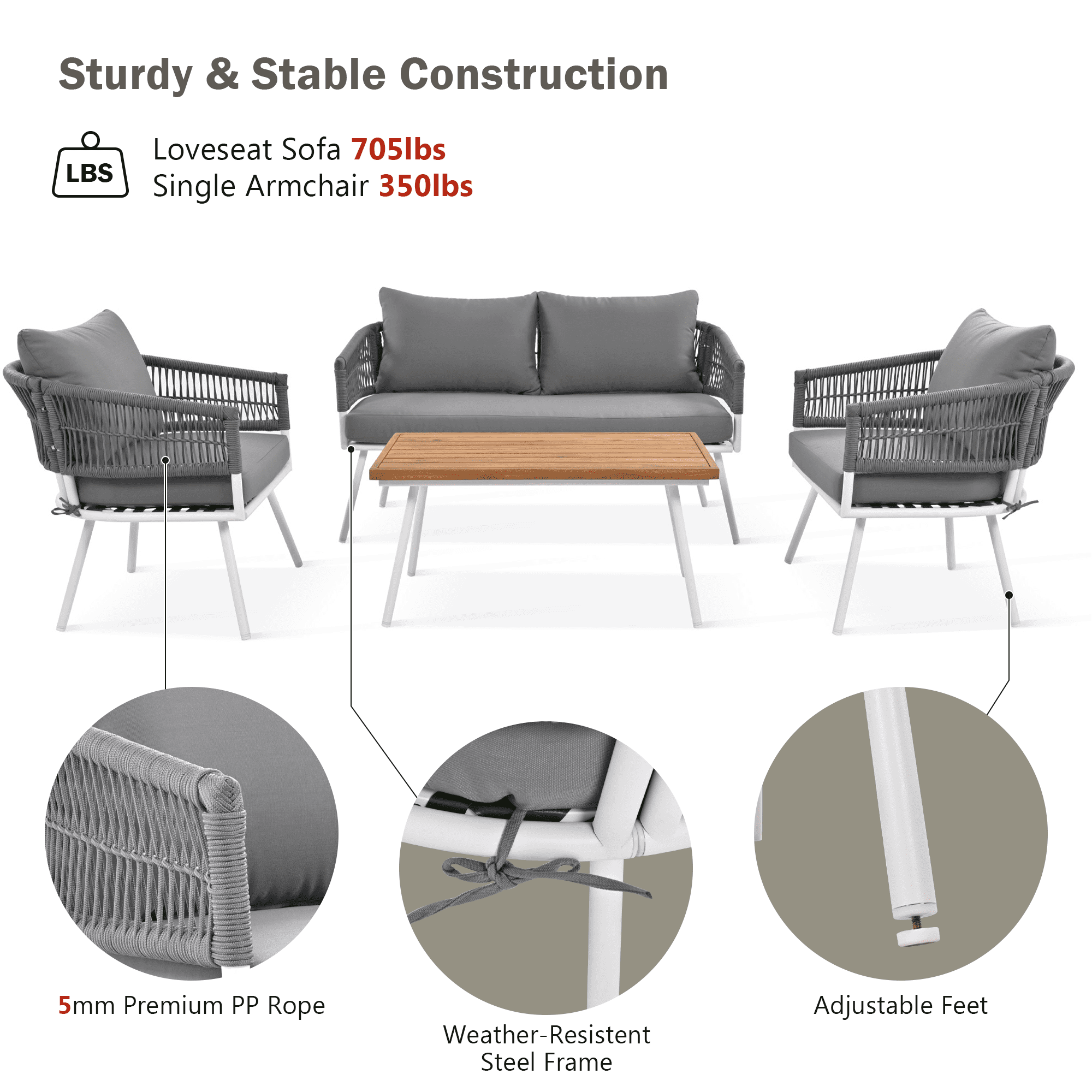 Aimee Lii 4-Pieces Boho Patio Furniture Set, Patio Conversation Set with Acacia Wood Table and Thick Cushion, Outdoor Furniture for Backyard Porch Balcony, Gray Aimee Lii 4-Pieces Boho Patio Furniture Set, Patio Conversation Set with Acacia Wood Table and Thick Cushion, Outdoor Furniture for Backyard Porch Balcony, Gray