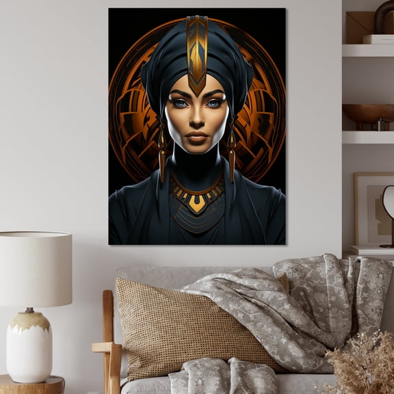 Designart "Portrait of Queen Nefertiti of Egypt in Gold & Black II" Landscapes Canvas Wall Art - Traditional Gold Egypt Entryway Wall Art Print