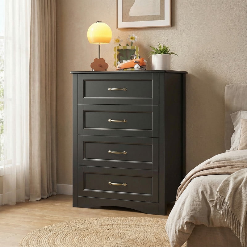 4 Drawer Dresser for Bedroom, Engineered Wooden Chest of Drawers with Sleek Metal Handles for Living Room - Black