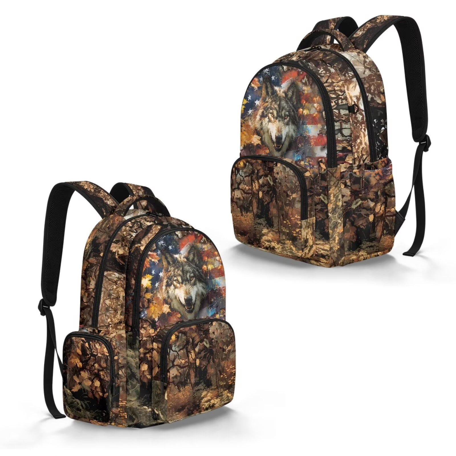 Xixirimido American Flag Wolf Forest Camo Print 17" Kids Backpack for Boys & Girls Large School Bags with Multi Pockets Elementary Middle High School Student Bookbag