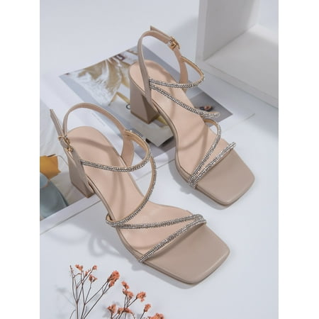 

Women Rhinestone & Buckle Decor Chunky Heeled Ankle Strap Sandals Glamorous Beige Party Heeled Sandals