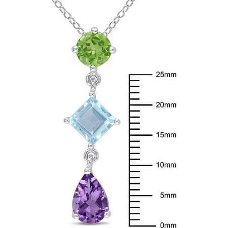 3-1/8 Carat T.G.W Amethyst and Peridot with Blue Topaz Sterling Silver Drop Pendant