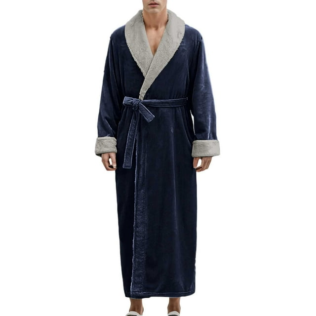 HBFAGFB Bathrobe Men Fall and Winter Leisure Padded Thickened Long Robe Pajamas Homewear Navy Size M