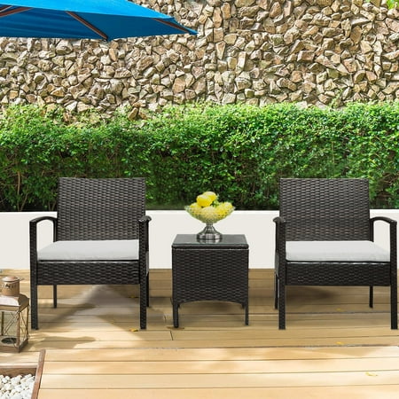 3 Pieces Outdoor Patio Furniture Sets, Rattan Chair Wicker Set with Two Single Sofa, Removable Cushions, Tempered Glass Table, Backyard Porch Garden Poolside Balcony Furniture Sets, Q8906
