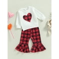 thumbnail image 3 of Bagilaanoe 2Pcs Toddler Baby Girl Valentine's Day Outfits Heart Print Long Sleeve Pullover Tops + Plaid Flared Trousers 6M 12M 18M 24M 3T 4T Kids Long Pants Set, 3 of 9
