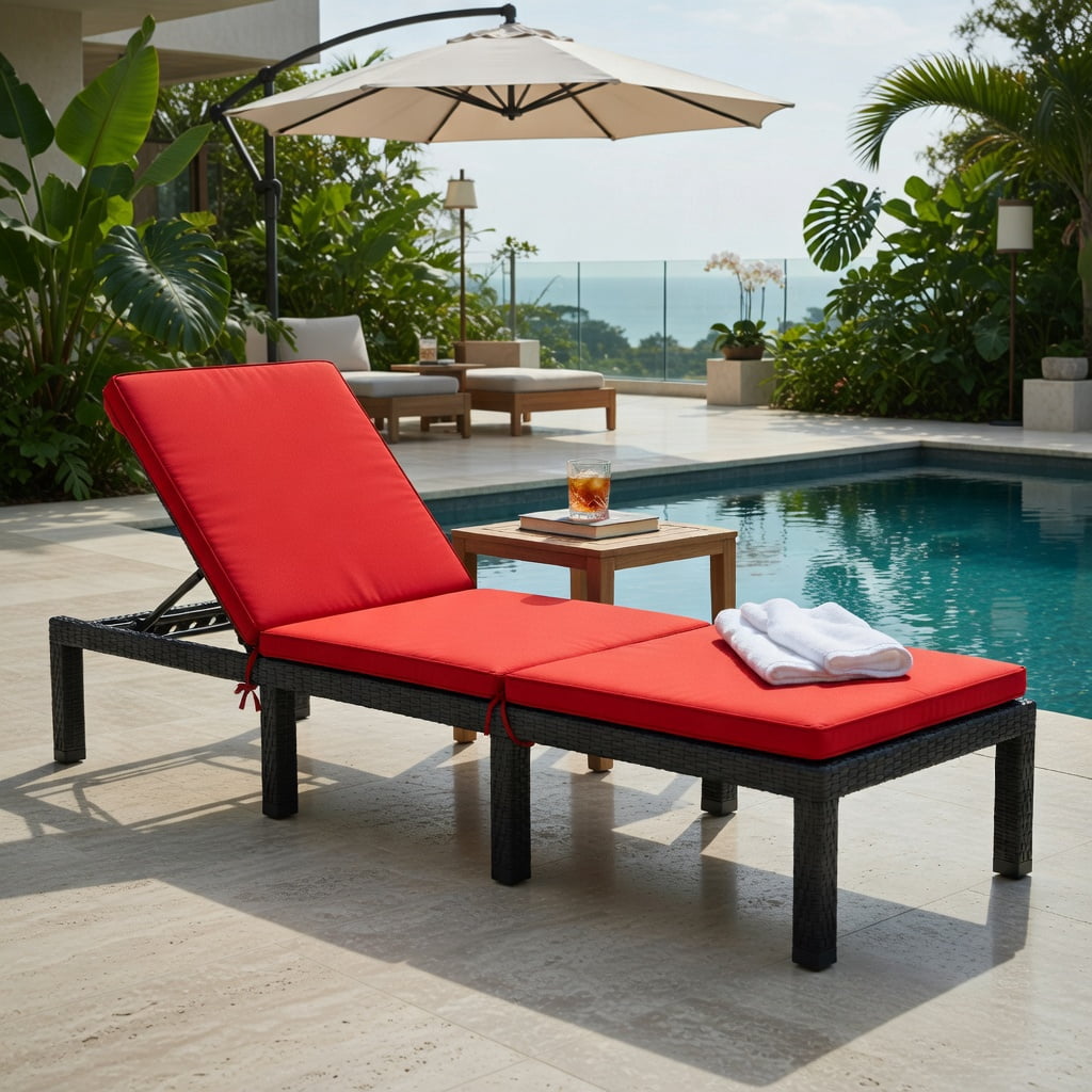 Hommoo Adjustable Height Outdoor Rattan Lounge Chair with Cushion, PE Wicker Patio Chair for Poolside, Garden, Porch, Red & Off-White