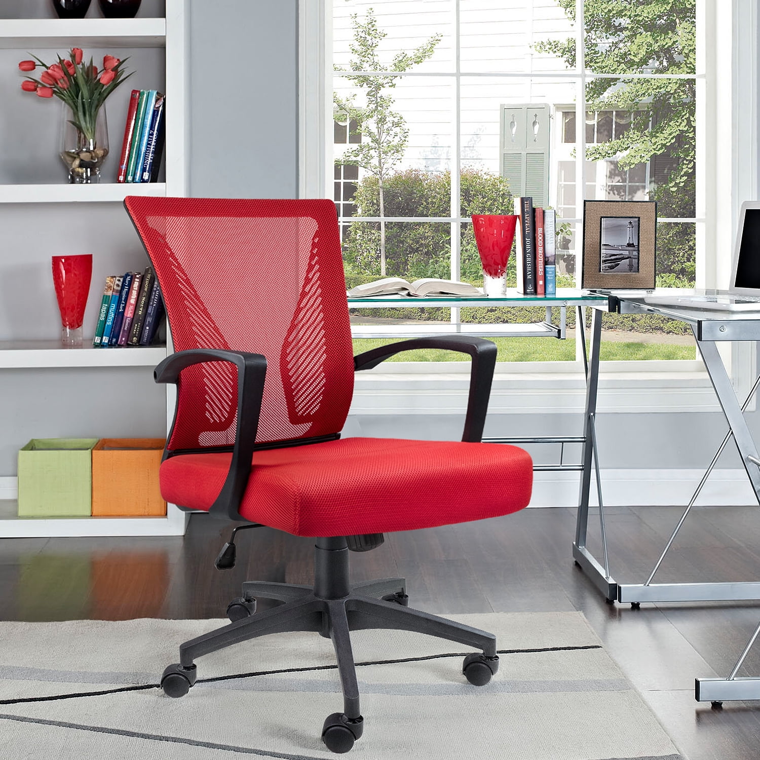 Lacoo Mid-Back Office Desk Chair Ergonomic Mesh Task Chair with Lumbar Support, Red